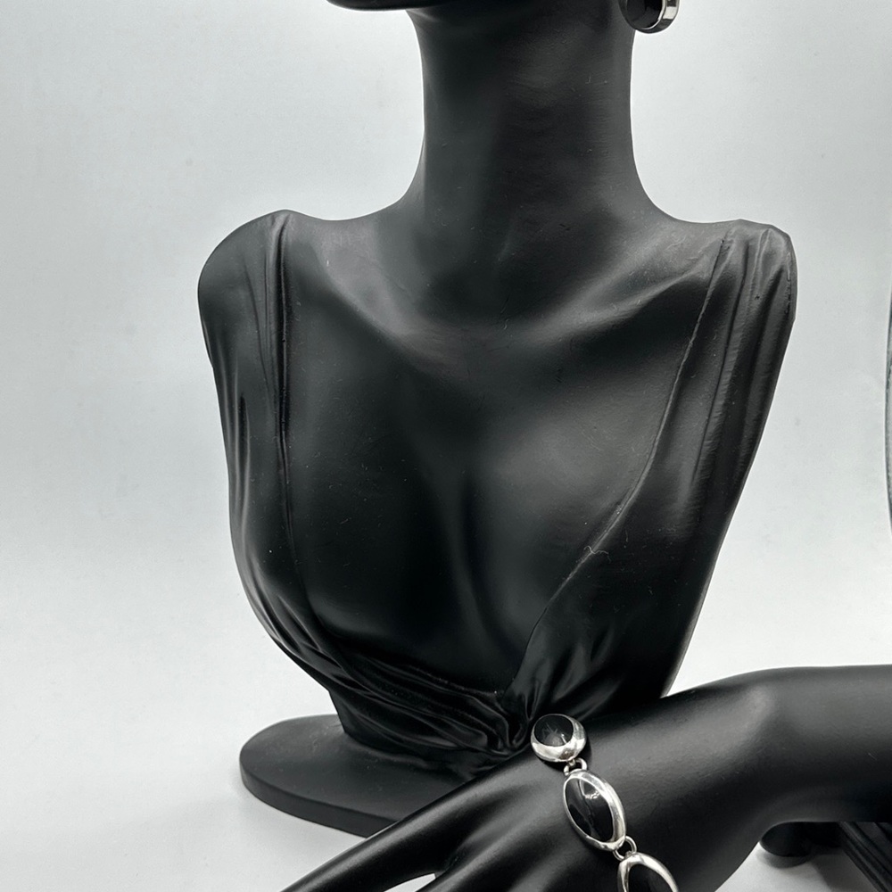 Vintage Black onyx mexico sterling bracelet and Earrings Set #538‎